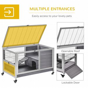 Indoor <b>Rabbit</b> Enclosure Large Wooden Elevated <b>Cage</b> Habitat with No Leak Tray Wheels Gray for <b>Rabbits</b> & Guinea Pigs - Product Image 5
