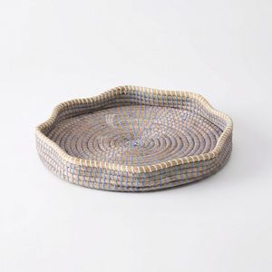 Round Rattan Storage Tray Minimalist Design Sustainable Handwoven <b>Table</b> Organizer Single Tier Natural Blue Accents - Product Image 1