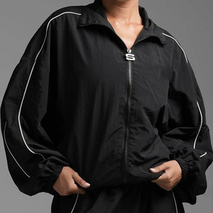 Ensemble de survêtement coupe-vent décontracté noir pour homme, avec fermeture éclair intégrale, col montant, respirant, coupe-vent, léger, coupe régulière, 100 % coton - Product Image 3