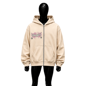 Custom Beige Zip Up Hoodie Women Oversized <b>Heart</b> Graphic Rhinestone Design Streetwear Full Zipper Hooded <b>Sweatshirt</b> Casual Wear - Product Image 1