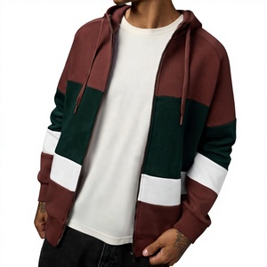 Mens Colorblock Zip <b>Up</b> Hoodie Raglan Sleeve Burgundy Green French Terry Sweatshirt Apparel Manufacturer - Product Image 1