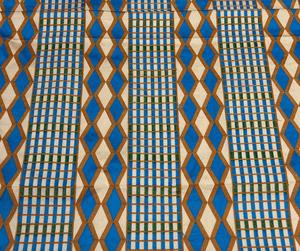 Tela de Poliéster y Algodón Jacquard Geométrica Transpirable y Ecológica, Color Beige, Azul y Dorado, Tejida para Vestidos de Niña, Prendas de Vestir y Decoración del Hogar - Product Image 2