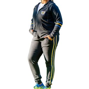 Ensemble de survêtement noir Sigma Gamma Rho pour femme, bleu avec rayures dorées, deux pièces, style décontracté athlétique, sweat à capuche zippé et pantalon de jogging, pour sororité grecque - Product Image 2
