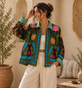 Rich Cultural Symbolism Vibrant Color Suzani Embroidered <b>Women</b> <b>Velvet</b> Jacket Festival Wear Handmade <b>Coat</b> Winter Standout Blazer - Product Image 1