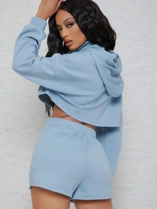 <b>Women's</b> Light Blue <b>2</b>-<b>Piece</b> Hooded Crop Top Shorts Set Casual Loose Fit Spring Summer Solid Color Fleece <b>Outfit</b> - Product Image 2