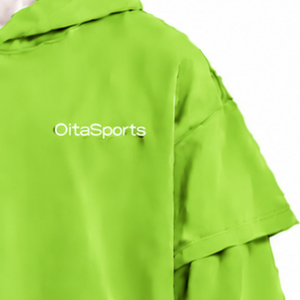 Sudadera con capucha de doble capa verde lima, oversize, de manga corta con capa superior de manga larga, estilo relajado, streetwear - Product Image 6