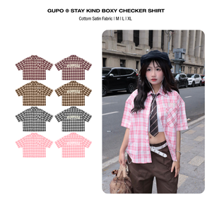 Camisa de mujer de manga corta, rosa a cuadros, con botones, estilo casual para primavera/verano, hecha de tela de algodón, con bolsillos. - Product Image 6