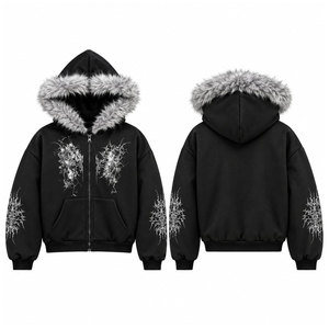 Sweat à capuche zippé en fausse fourrure noire pour femme avec motif imprimé blanc, veste d'hiver en polaire coupe classique style hip-hop - Product Image 1