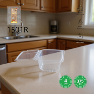 Contenedor de Alimentos Rectangular de Plástico Desechable y Reutilizable de 375 cc con Tapa Abatible 1501R ENVASE TAPA BISAG RECTANG Bandeja Apilable - Product Image 3
