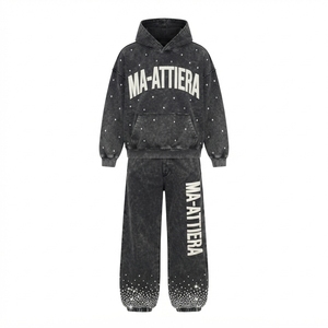 Conjunto de Sudadera con Capucha y Pantalones Jogger para Hombre, Personalizado, con Lavado Ácido, Gris, con Pedrería, de Algodón y Felpa, Estilo Urbano, Talla Grande, OEM, Venta al Por Mayor - Product Image 4
