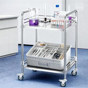 Chariot utilitaire de laboratoire à 2 niveaux en acier inoxydable avec roues verrouillables, chariot de service mobile robuste pour clinique, chariot de rangement pour plateaux - Product Image 2