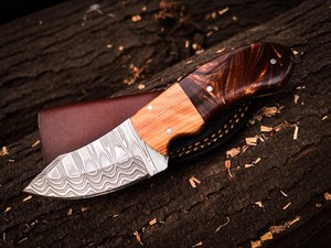 Cuchillo de Caza y Camping de Acero de Damasco, Hoja Fija Personalizada, Mango de Madera, Multifuncional para Exteriores, Funda de Cuero, Venta al por Mayor - Product Image 5
