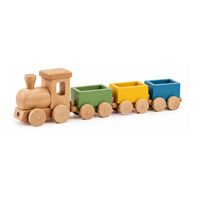 รถไฟของเล่นไม้รักษ์โลกทันสมัย พร้อมตู้บรรทุกสินค้าสีเขียว/เหลือง/น้ำเงิน และล้อไม้ที่ทนทานสำหรับห้องเด็ก - Product Image 1