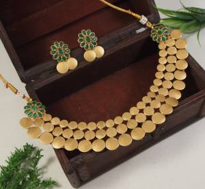 <b>Gold</b> Antique Finish Coin Jewelry <b>Set</b> Green Stones 2-Piece Necklace Earrings Traditional South Indian Wedding Temple Jewelry - Product Image 3