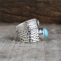 Bague ajustable classique en larimar, argent sterling 925, pierre précieuse ovale sertie clos, pour mariage, fiançailles, anniversaire