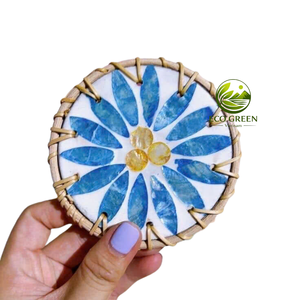 Artisan Handmade Mother of Pearl Coaster with Rattan Edge Decorative Cup <b>Mat</b> for Coastal Home <b>Table</b> Decor - Product Image 2
