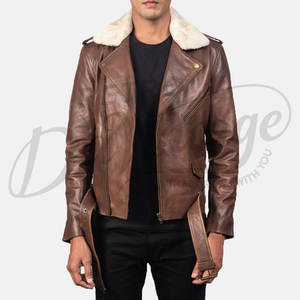 Veste de motard en cuir véritable marron pour homme de qualité supérieure avec col en fausse fourrure crème, coupe ajustée, manteau d'hiver pour moto, vêtement d'extérieur élégant - Product Image 5