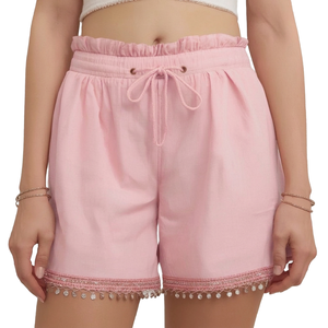 HYPEN SPORTS Women's Eco-Friendly High Waist Boho Summer Casual Shorts Handcrafted <b>Elastic</b> Waist Drawstring Tassel Breathable - Product Image 2