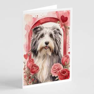 Whimsical A7 Size <b>5x7</b> Bearded Collie Valentine Roses Blank Note Cards Pack of 8 <b>Envelopes</b> Greeting Cards - Product Image 1