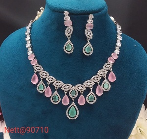Romantic Women's <b>Necklace</b> <b>and</b> <b>Earring</b> <b>Set</b> with Pink Green Crystal Teardrop Pendant <b>Silver</b> Plated Alloy Jewelry Wedding Style - Product Image 1