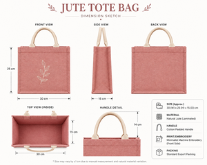 Pink Jute Tote <b>Bag</b> With <b>White</b> Leaf Embroidery Shoulder Length Handle Large Size Daily Use - Product Image 2