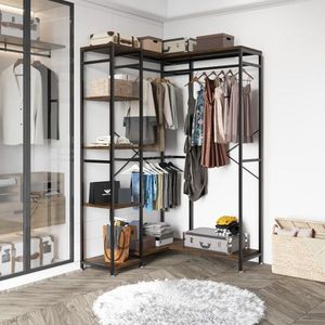 Large Brown Free-Standing L Shaped Closet <b>Clothing</b> Rack Heavy Duty Multiple <b>Storage</b> Rack Independent Bedroom Laundry Room - Product Image 1