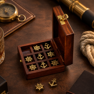 Handmade Indian Rosewood Tic Tac Toe Game | Brass Anchor <b>Wheel</b> Inlay Wooden XO <b>Board</b> Luxury Strategy <b>Board</b> Game Gift Home Decor - Product Image 2
