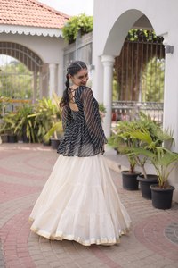 Elegant Black Striped <b>Top</b> With Cream Silk Lehenga Choli Traditional <b>Indian</b> Wedding Wear For Women Loose Fit Floor Length - Product Image 1