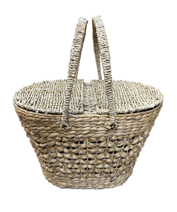 Handwoven Eco-Friendly Vintage Water Hyacinth Picnic <b>Basket</b> <b>Lid</b> Double Handles Oval Wicker Storage Hamper for Home Decoration - Product Image 1