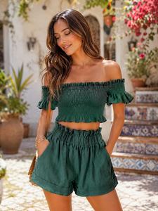 White Linen Women's 2-Piece Shorts Set Off-Shoulder Ruffle Top <b>High</b> Waist Above <b>Knee</b> Shorts Casual Spring Summer Style - Product Image 6