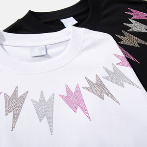 Rhinestone T shirts Drop Shoulder Stickers Rhinestone Heat Transfer Design Classic <b>Round</b> Neck Blank Plain T-shirts for Women - Product Image 3