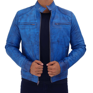 Chaqueta de Motociclista de Cuero Vacuno Azul para Hombre, Cuello Alto, Cierre de Cremallera, Manga Regular, Estilo Biker Otoñal, Color Sólido, Cuero Lavado - Product Image 4