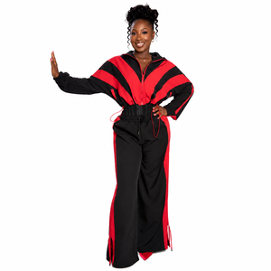 Conjunto Deportivo de 2 Piezas para Mujer 2026, con Capucha, Bloques de Color Negro y Rojo, Corte Holgado, Manga Larga, Tejido Transpirable - Product Image 1