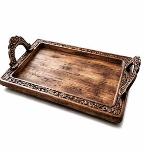 Plateau décoratif rond moderne avec cadre en métal noir et base en bois, plateau de service avec poignées - Product Image 6