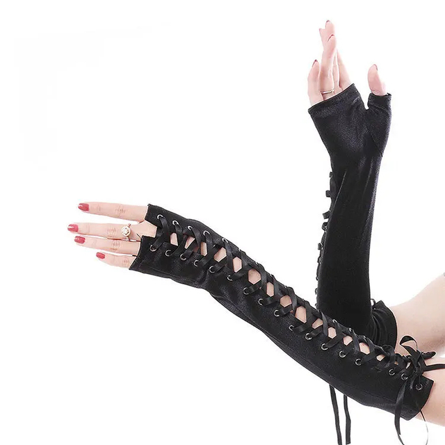 Black Leather Opera Length Gloves Women Retro Style Party Winter Formal Unlined Long Gloves