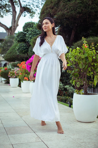 Vestido Maxi Boho Blanco con Cuello en V, Manga Corta, Dobladillo Asimétrico, Ajuste Holgado, Cintura Elástica, Verano, Casual, Transparente, 100% Algodón Tejido, Color Sólido - Product Image 6