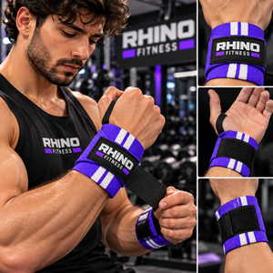 ผ้าพันข้อมือ RHINO FITNESS สีม่วง ทำจากผ้าฝ้าย สำหรับมือซ้าย พร้อมแถบตีนตุ๊กแก สำหรับยกน้ำหนักและใช้ในยิม - Product Image 2