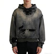 Sudadera con Capucha Estilo Cyberpunk Personalizada con Efecto Desgastado |   Felpa gruesa con efecto lavado ácido |   Sudadera de estilo punk destruido - Product Image 3
