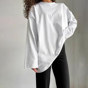 Camiseta de punto holgada de manga larga con cuello redondo para mujer, 100% algodón, ecológica, lisa, informal, para uso diario, 180g, talla única - Product Image 1