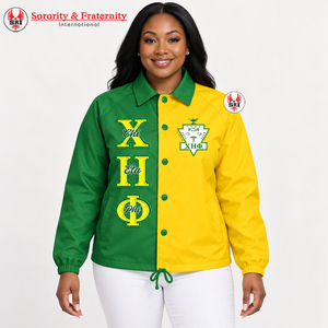Chaqueta de la hermandad griega Chi Eta Phi con bordado de bloques de color y cuello vuelto, estilo chaqueta cruzada para hermandad universitaria - Product Image 1