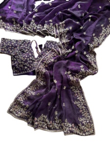 Pure Soft Fandy <b>Satin</b> Silk Saree with Amazing Embroidery and Multi Borders Stitched <b>Blouse</b> for Wedding and Party - Product Image 3