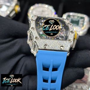 Montre mécanique de luxe pour homme ICELOOK, boîtier en acier inoxydable, cristal saphir, chronographe analogique-numérique, bracelet en silicone bleu, 43 mm - Product Image 3