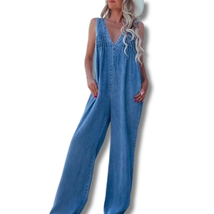 Combinaison sexy pour femmes en denim à taille haute, fitness, col en V, jambes larges, tricotée, respirante |   Combinaison utilitaire contemporaine - Product Image 4