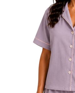 Ensemble pyjama violet lavande pour femmes, manches courtes, en coton popeline, vêtements de détente brodés, vêtements de nuit d'été, ensemble short boutonné - Product Image 3