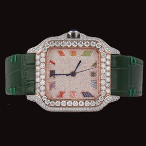Wholesale Price Green Color Leather Band <b>Square</b> Dial Multi Color Roman Numerals Moissanite Diamond Unisex Affordable Price <b>Watch</b> - Product Image 1