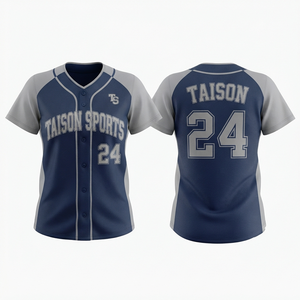 Maillot de softball unisexe haut de gamme 140 GSM en polyester interlock respirant, bleu marine et gris avec empiècements contrastants, impression personnalisée du logo de l'équipe - Product Image 1