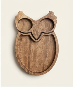 Assiette de service en bois d'acacia faite à la main en forme de hibou avec compartiment pour les sauces, pour les collations de fête, design de dessin animé, vaisselle et assiettes - Product Image 5