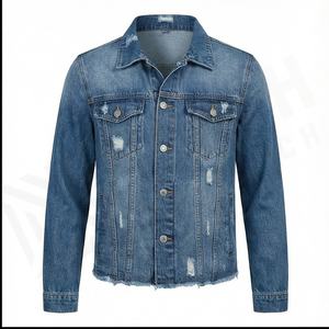 Chaqueta vaquera de alta calidad para hombre, abotonada, desgastada, Vintage, Occidental, camionero, dobladillo deshilachado, bolsillos, logotipo frontal - Product Image 2