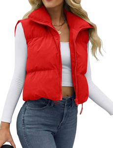 Chaleco acolchado rojo para mujer con cuello alto y cierre de cremallera, informal, sin mangas, de color liso, corto, para exterior - Product Image 4