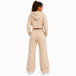 High Quality <b>Women</b> <b>Short</b> Crop Hoodie Zip Front Wide Leg Sweatpants Soft Fleece Two Piece Suit Solid Color Custom Tracksuit <b>Set</b> - Product Image 6